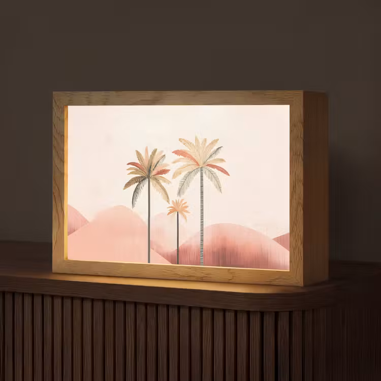 Palmbomen - Heuvels - Minimalistisch - Zachtroze Light Box met kabel (Tafellamp) klein -z3d_website