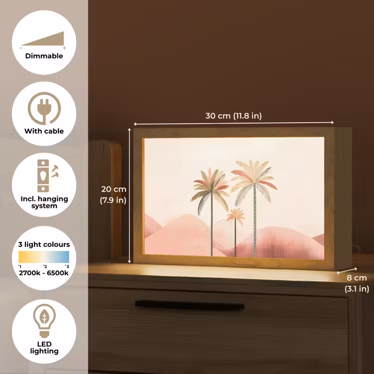 Palmbomen - Heuvels - Minimalistisch - Zachtroze Light Box met kabel (Tafellamp) klein -USP_EN