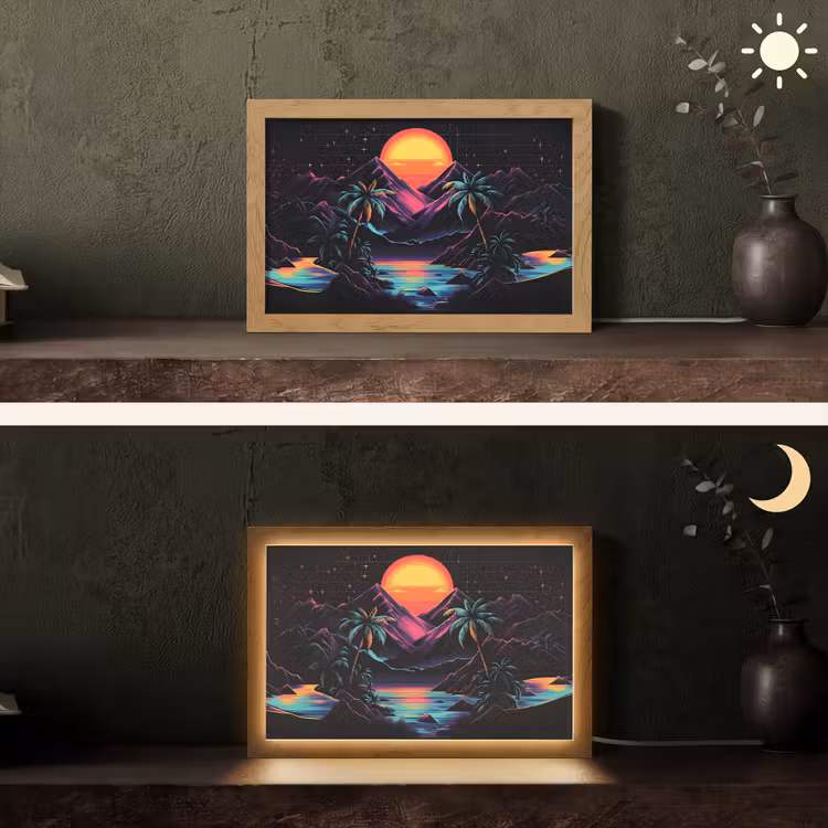 Palmbomen - Neonbergen - Sterrenhemel - Zon Light Box met kabel (Tafellamp) klein -sfeer3