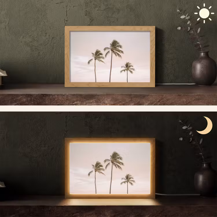 Palmbomen - Zonsondergang - Roze Light Box met kabel (Tafellamp) klein -sfeer3