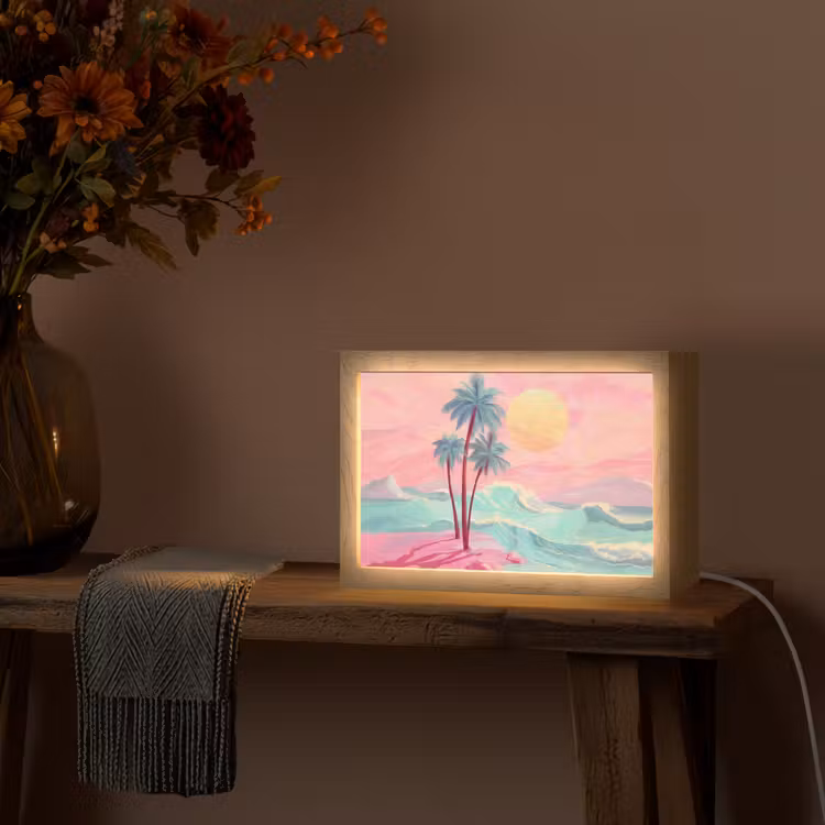 Palmbomen - Golven - Zee Light Box met kabel (Tafellamp) klein -sfeer4