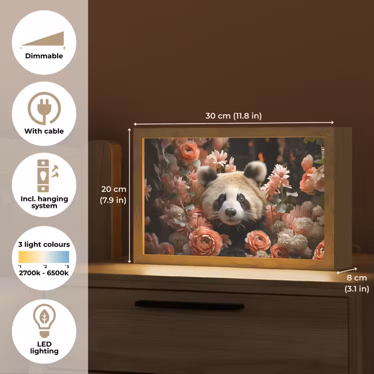 Panda - Dier - Bloemen - Natuur - Botanisch Light Box met kabel (Tafellamp) klein -USP_EN