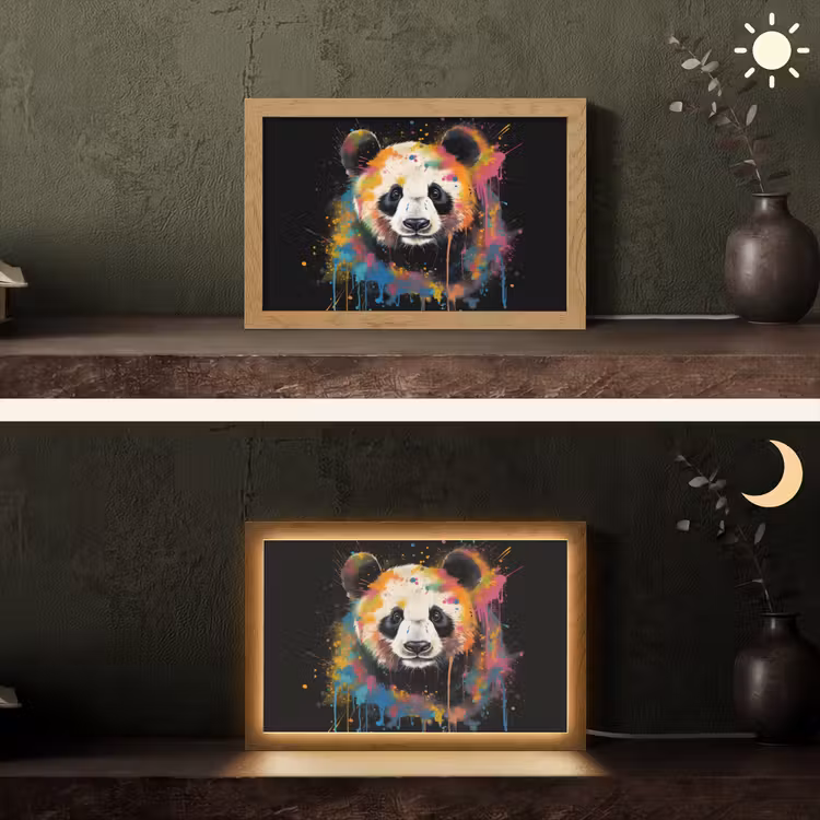 Panda - Graffiti - Dieren - Zwart - Kleuren Light Box met kabel (Tafellamp) klein -sfeer3