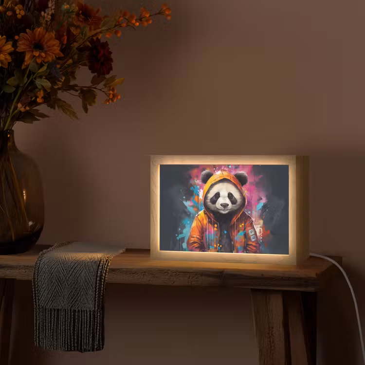 Panda - Jas - Graffiti - Oranje Light Box met kabel (Tafellamp) klein -sfeer4