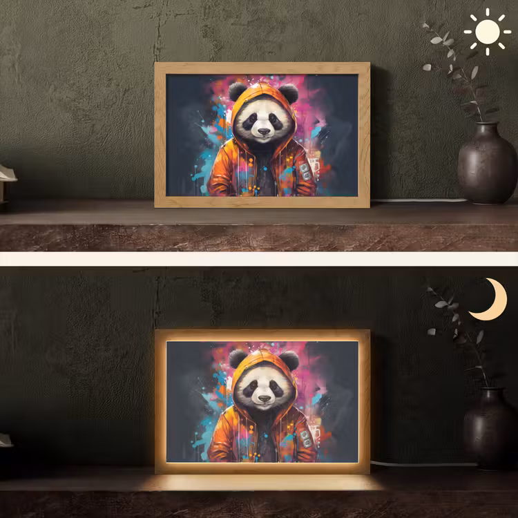 Panda - Jas - Graffiti - Oranje Light Box met kabel (Tafellamp) klein -sfeer3