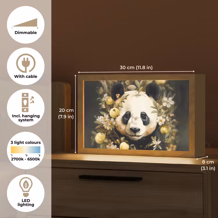 Panda - Pandabeer - Wilde dieren - Natuur - Bloemen Light Box met kabel (Tafellamp) klein -USP_EN