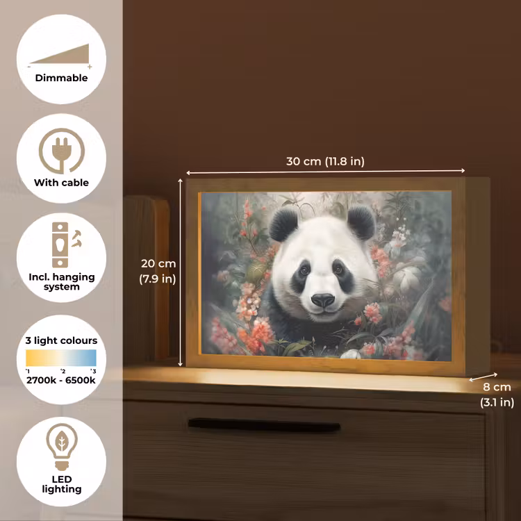 Panda - Wilde dieren - Bloemen - Natuur Light Box met kabel (Tafellamp) klein -USP_EN