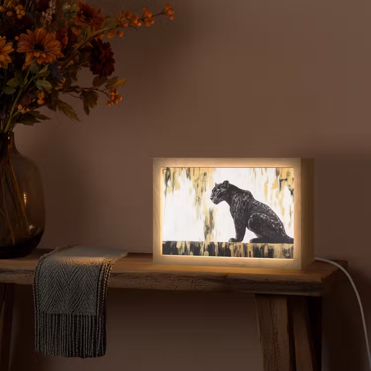 Panter - Zwart - Abstract - Goud Light Box met kabel (Tafellamp) klein -sfeer4