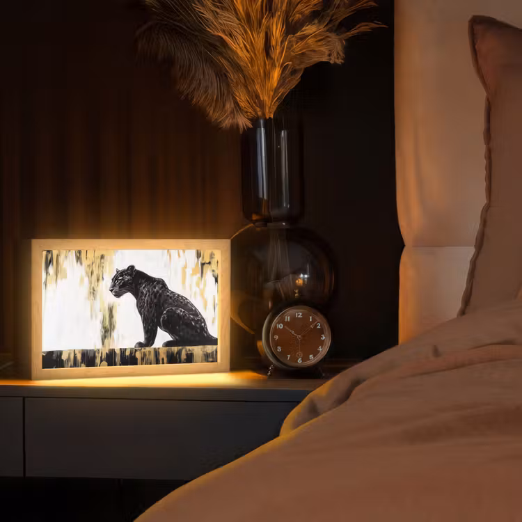 Panter - Zwart - Abstract - Goud Light Box met kabel (Tafellamp) klein -sfeer1