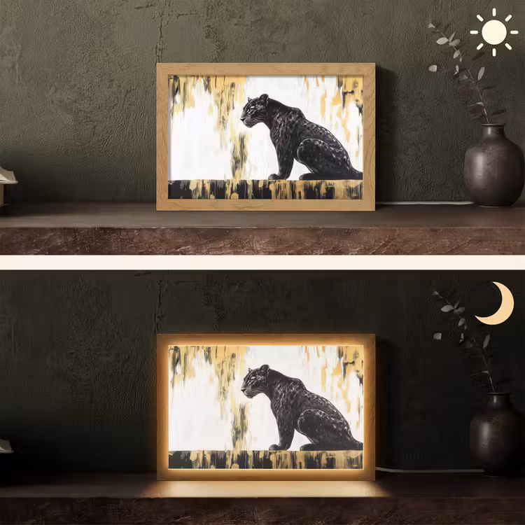 Panter - Zwart - Abstract - Goud Light Box met kabel (Tafellamp) klein -sfeer3