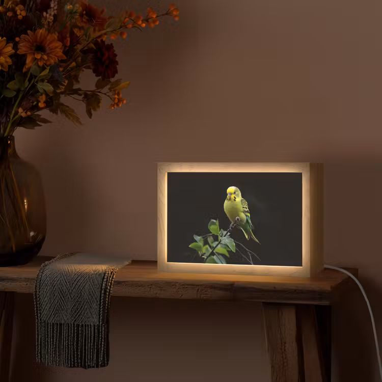 Parkiet - Tak - Bladeren - Geel Light Box met kabel (Tafellamp) klein -sfeer4
