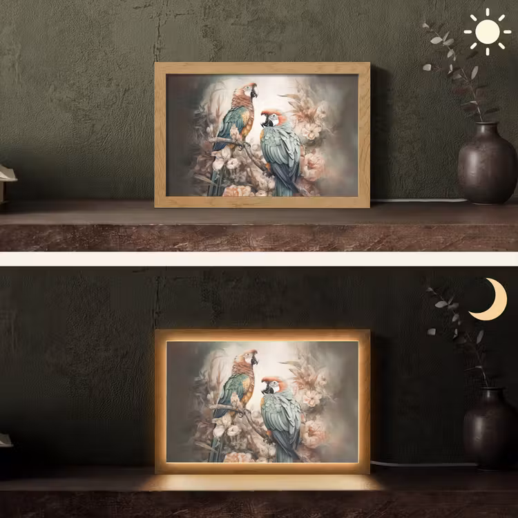 Papegaaien - Vogels - Natuur - Bloemen Light Box met kabel (Tafellamp) klein -sfeer3