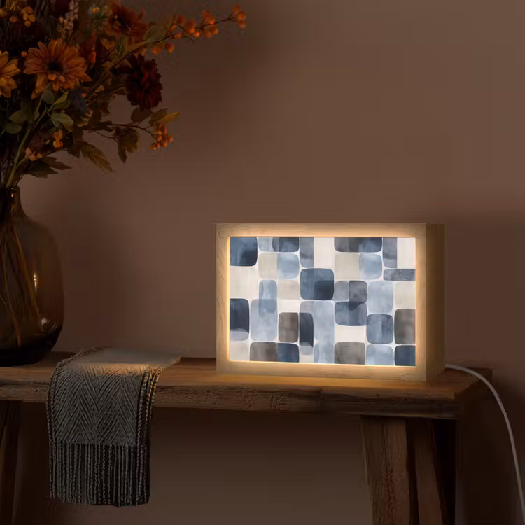 Patroon - Blauw - Vierkanten Light Box met kabel (Tafellamp) klein -sfeer4