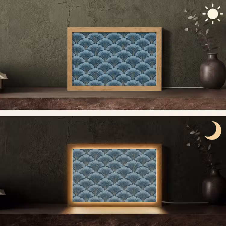 Patroon - Ginkgoblad - Blauw Light Box met kabel (Tafellamp) klein 924 -sfeer3