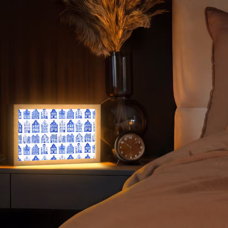 Patroon - Huizen - Blauw Light Box met kabel (Tafellamp) klein 924 -sfeer1