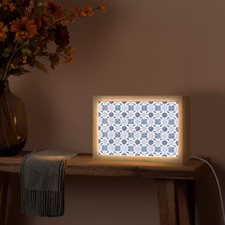 Patroon - Tegel - Blauw Light Box met kabel (Tafellamp) klein 924 -sfeer4