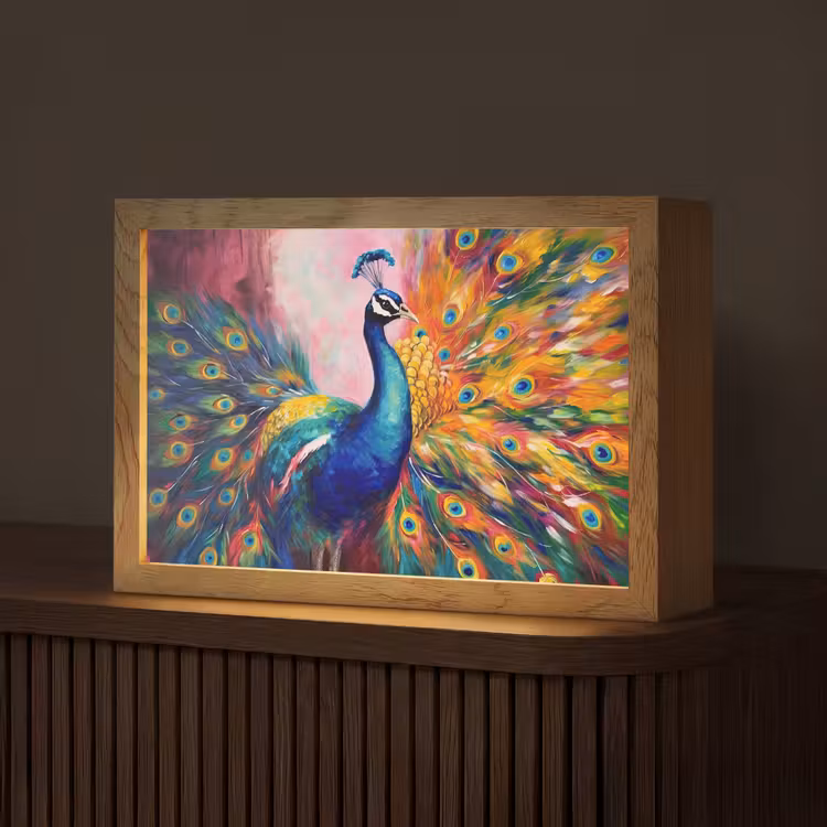 Pauw - Dieren - Schilderij - Regenboog Light Box met kabel (Tafellamp) klein -z3d_website