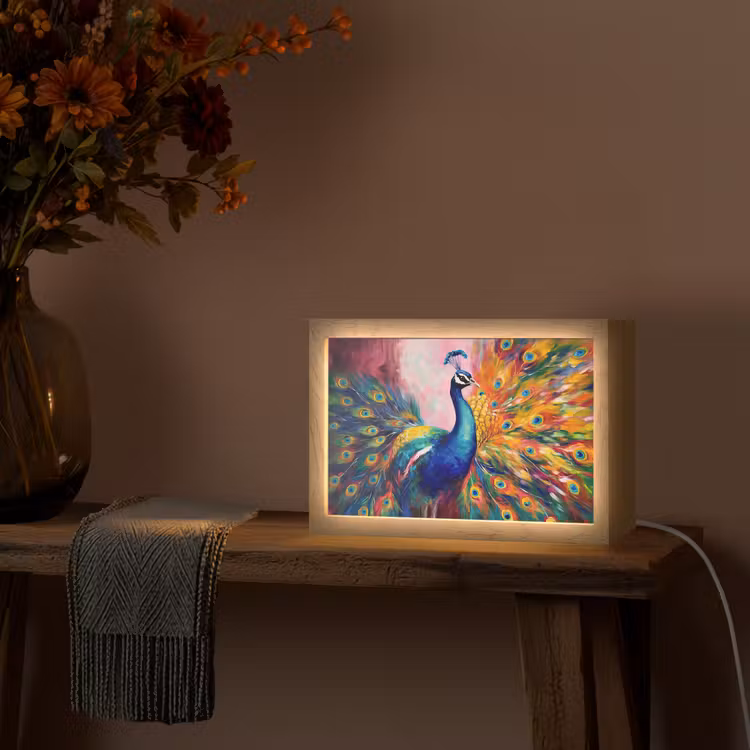 Pauw - Dieren - Schilderij - Regenboog Light Box met kabel (Tafellamp) klein -sfeer4