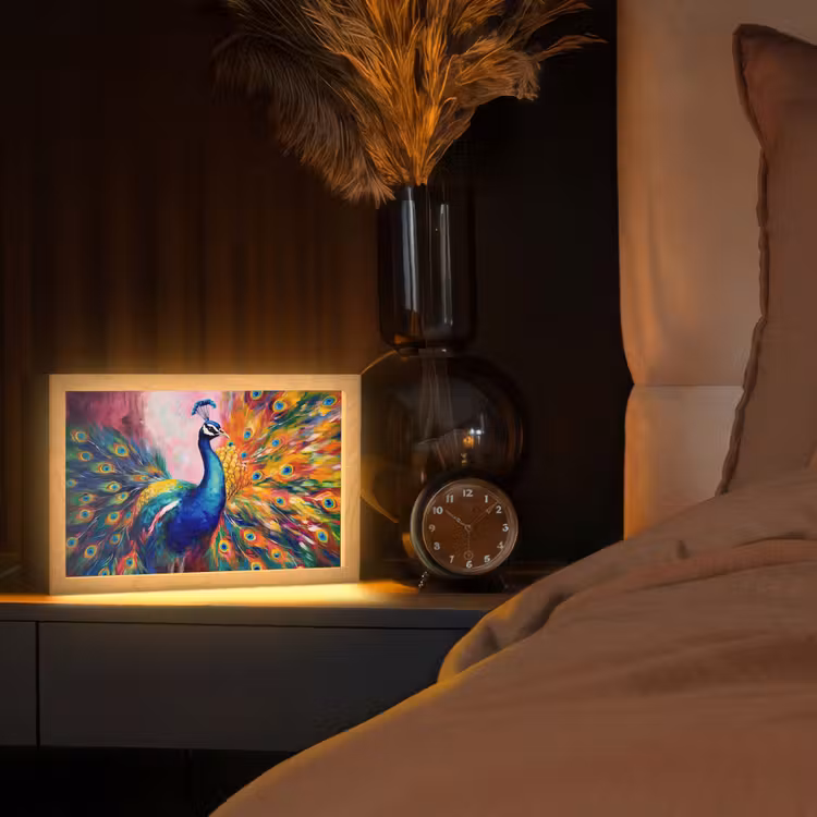 Pauw - Dieren - Schilderij - Regenboog Light Box met kabel (Tafellamp) klein -sfeer1