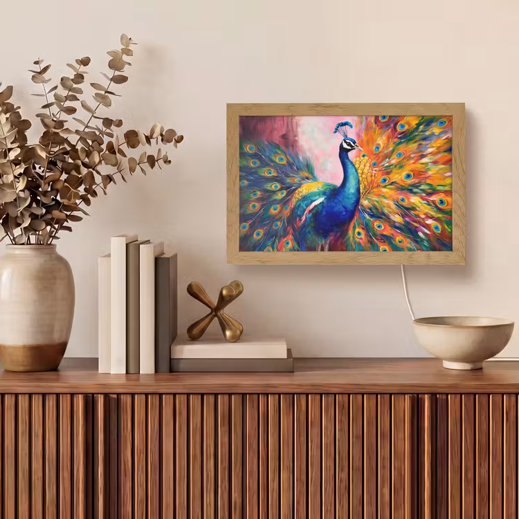 Pauw - Dieren - Schilderij - Regenboog Light Box met kabel (Tafellamp) klein -sfeer2