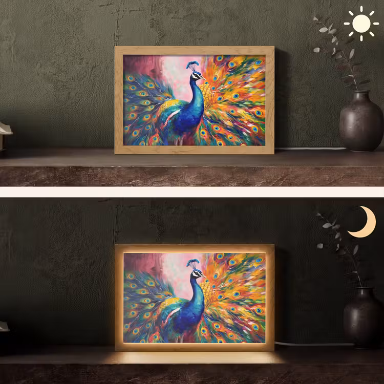 Pauw - Dieren - Schilderij - Regenboog Light Box met kabel (Tafellamp) klein -sfeer3