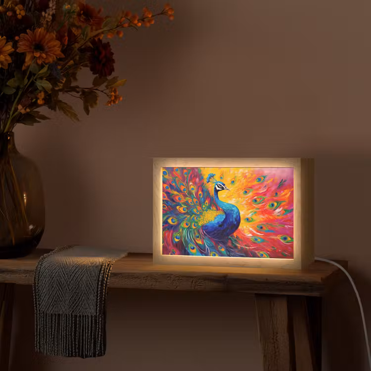 Pauw - Kunst - Schilderij - Pauwenveren Light Box met kabel (Tafellamp) klein -sfeer4
