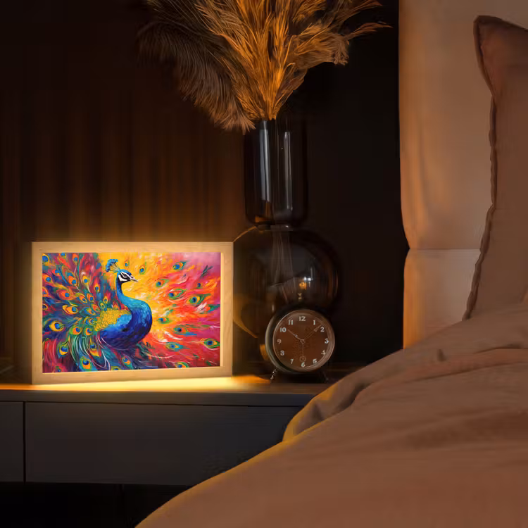 Pauw - Kunst - Schilderij - Pauwenveren Light Box met kabel (Tafellamp) klein -sfeer1