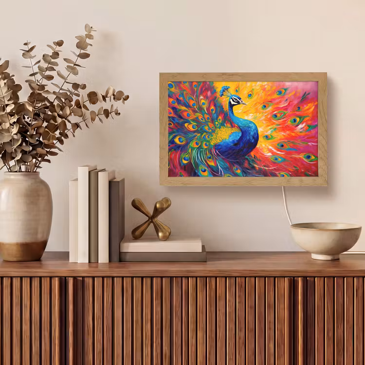 Pauw - Kunst - Schilderij - Pauwenveren Light Box met kabel (Tafellamp) klein -sfeer2