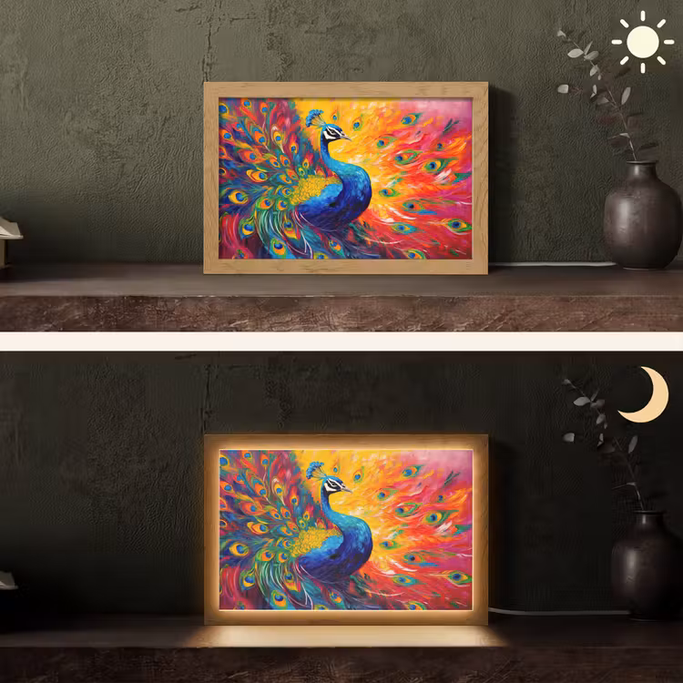Pauw - Kunst - Schilderij - Pauwenveren Light Box met kabel (Tafellamp) klein -sfeer3