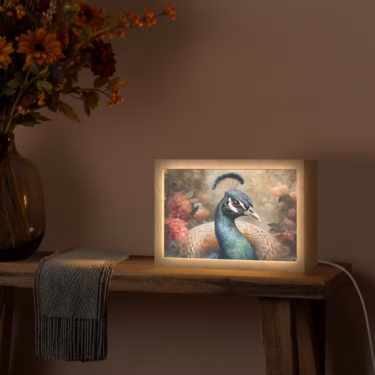 Pauw - Vogel - Bloemen - Planten - Pauwenveren Light Box met kabel (Tafellamp) klein -sfeer4