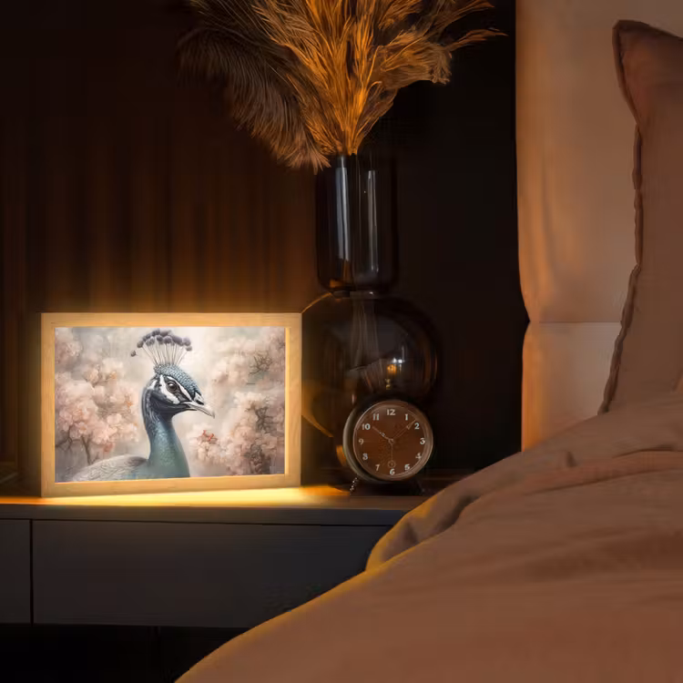 Pauw - Vogels - Bloemen - Boom - Botanisch Light Box met kabel (Tafellamp) klein -sfeer1