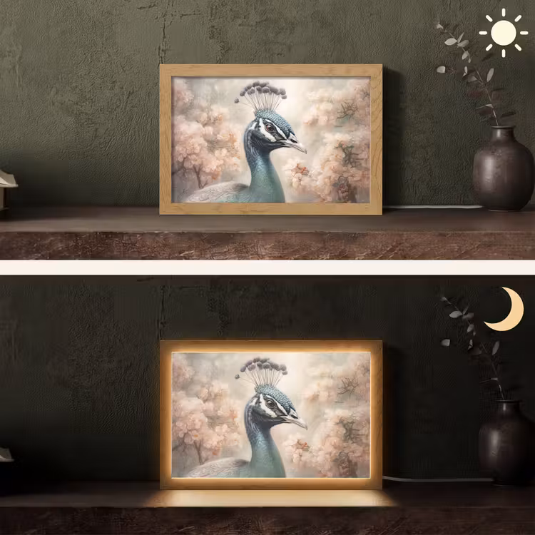 Pauw - Vogels - Bloemen - Boom - Botanisch Light Box met kabel (Tafellamp) klein -sfeer3