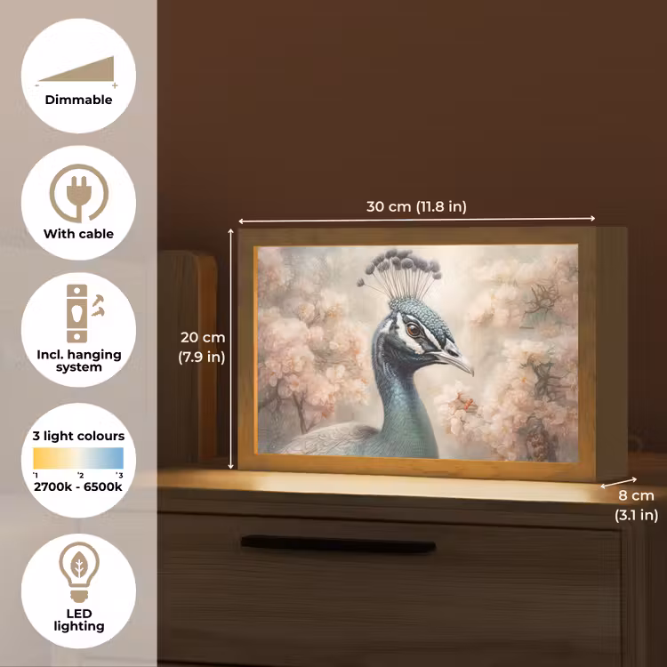 Pauw - Vogels - Bloemen - Boom - Botanisch Light Box met kabel (Tafellamp) klein -USP_EN