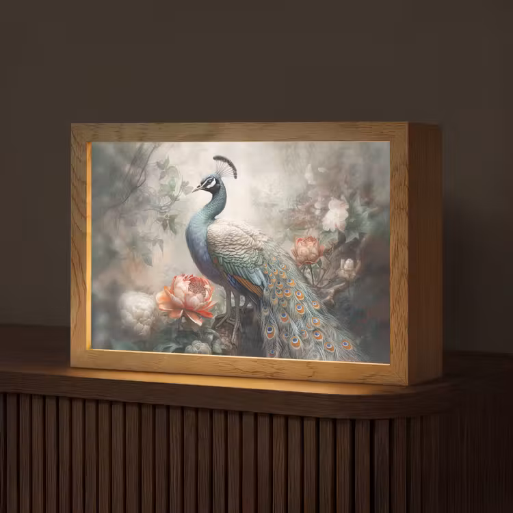 Pauw - Pauwenveren - Vogel - Jungle - Bloemen Light Box met kabel (Tafellamp) klein -z3d_website