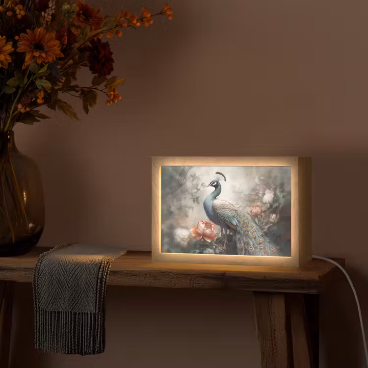 Pauw - Pauwenveren - Vogel - Jungle - Bloemen Light Box met kabel (Tafellamp) klein -sfeer4
