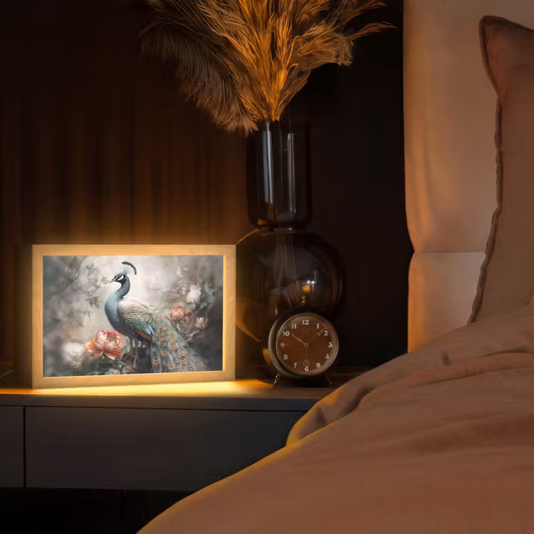 Pauw - Pauwenveren - Vogel - Jungle - Bloemen Light Box met kabel (Tafellamp) klein -sfeer1