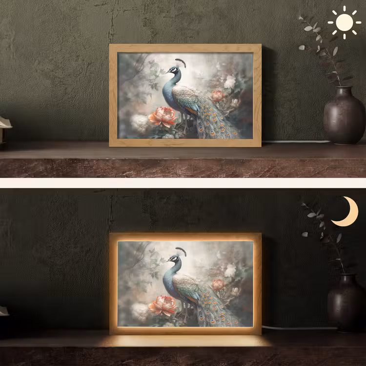 Pauw - Pauwenveren - Vogel - Jungle - Bloemen Light Box met kabel (Tafellamp) klein -sfeer3