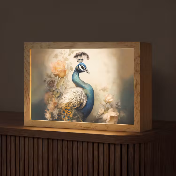 Pauw - Pauwenveren - Bloemen - Vogels - Botanisch Light Box met kabel (Tafellamp) klein -z3d_website