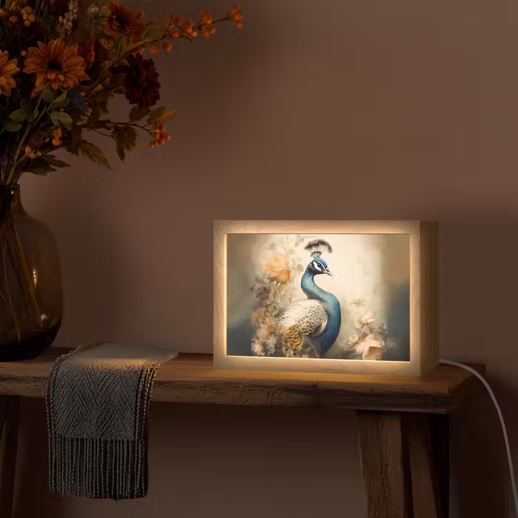 Pauw - Pauwenveren - Bloemen - Vogels - Botanisch Light Box met kabel (Tafellamp) klein -sfeer4