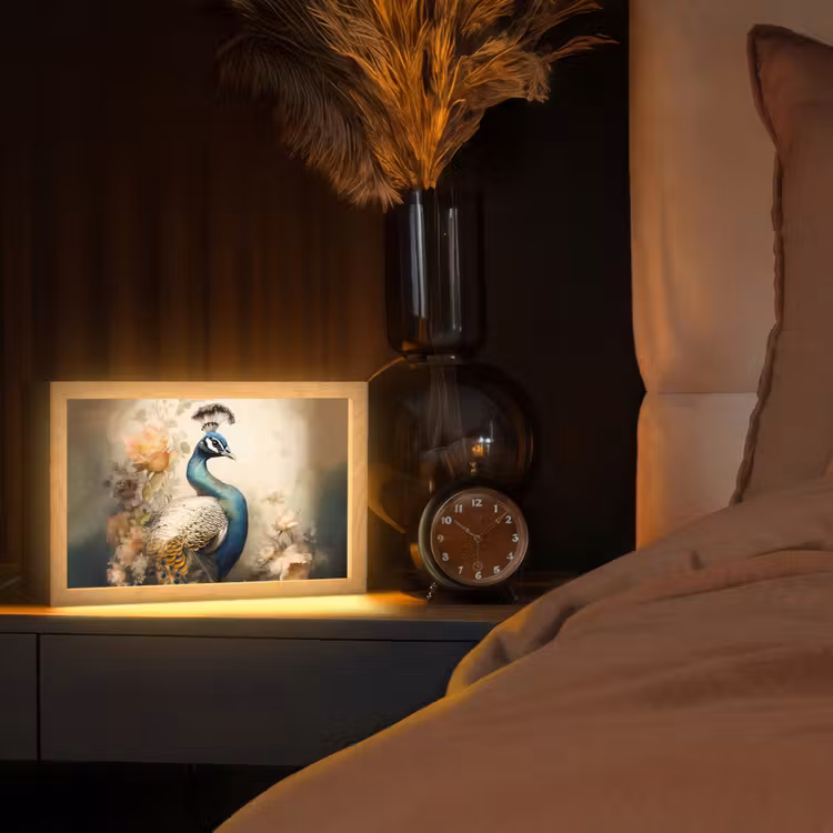 Pauw - Pauwenveren - Bloemen - Vogels - Botanisch Light Box met kabel (Tafellamp) klein -sfeer1