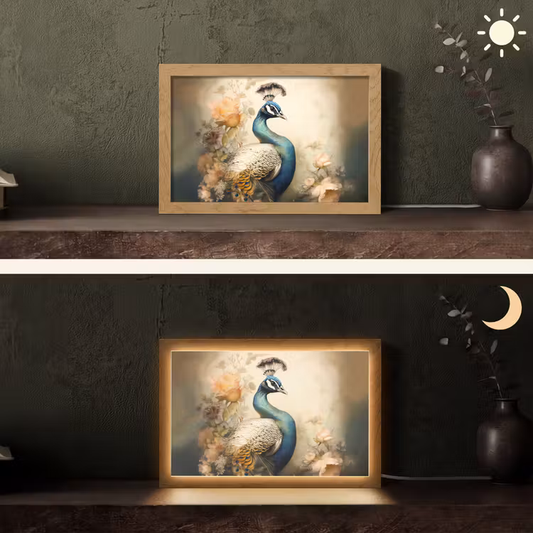 Pauw - Pauwenveren - Bloemen - Vogels - Botanisch Light Box met kabel (Tafellamp) klein -sfeer3