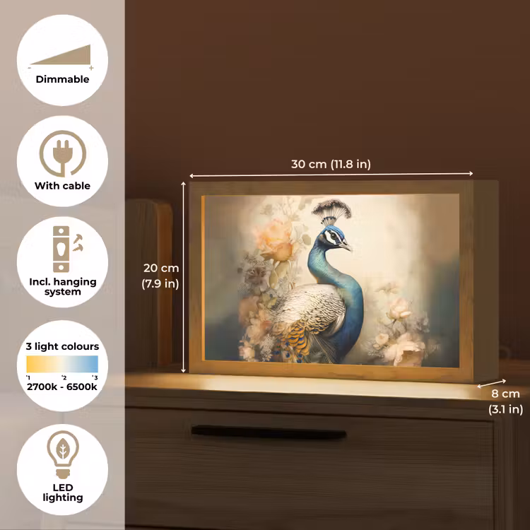 Pauw - Pauwenveren - Bloemen - Vogels - Botanisch Light Box met kabel (Tafellamp) klein -USP_EN