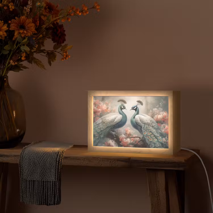 Pauwen - Pauwenveren - Vogels - Bloemen - Natuur Light Box met kabel (Tafellamp) klein -sfeer4