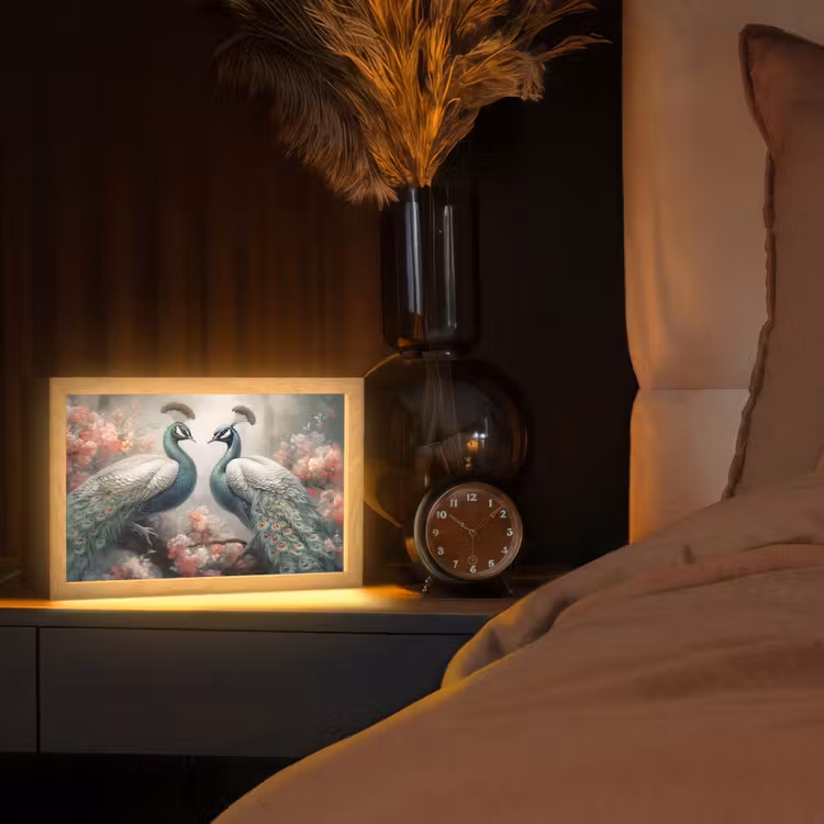 Pauwen - Pauwenveren - Vogels - Bloemen - Natuur Light Box met kabel (Tafellamp) klein -sfeer1