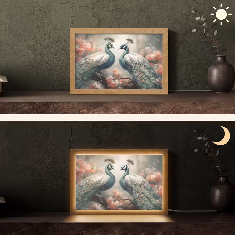 Pauwen - Pauwenveren - Vogels - Bloemen - Natuur Light Box met kabel (Tafellamp) klein -sfeer3