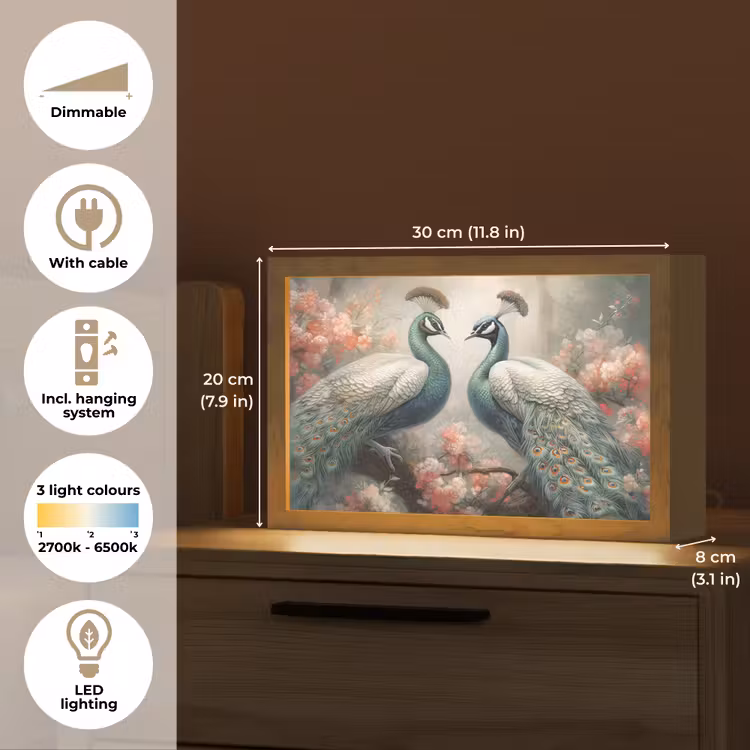 Pauwen - Pauwenveren - Vogels - Bloemen - Natuur Light Box met kabel (Tafellamp) klein -USP_EN