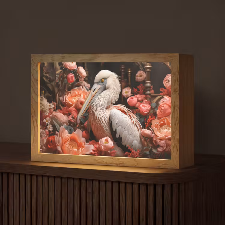 Pelikaan - Dier - Bloemen - Natuur - Botanisch - Roze Light Box met kabel (Tafellamp) klein -z3d_website