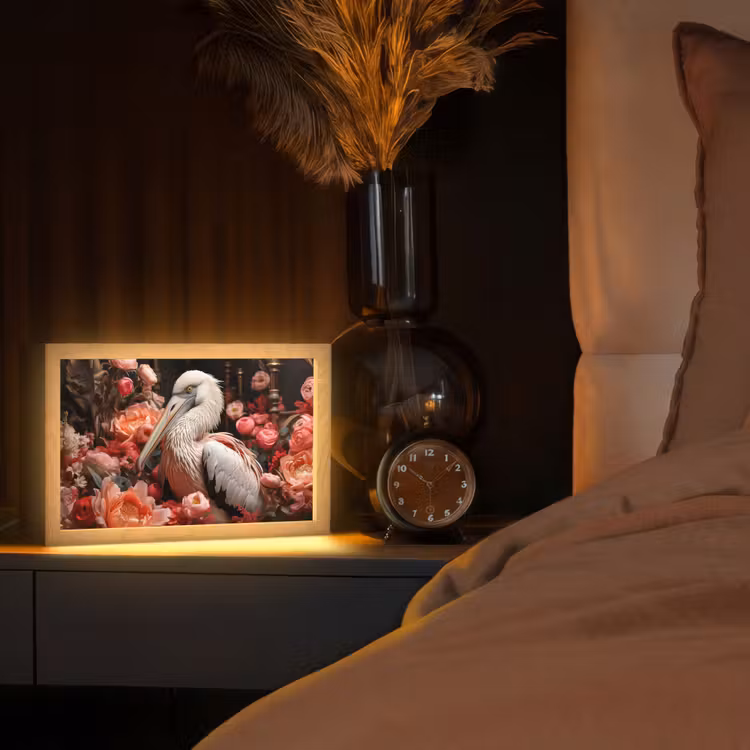 Pelikaan - Dier - Bloemen - Natuur - Botanisch - Roze Light Box met kabel (Tafellamp) klein -sfeer1