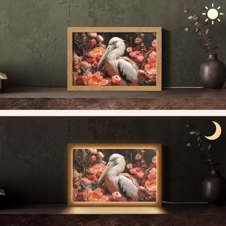 Pelikaan - Dier - Bloemen - Natuur - Botanisch - Roze Light Box met kabel (Tafellamp) klein -sfeer3