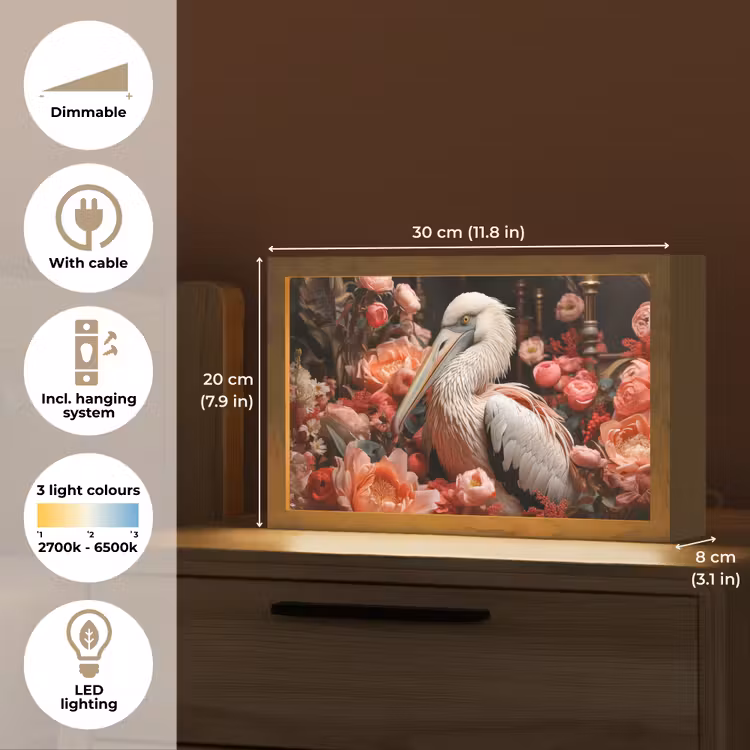 Pelikaan - Dier - Bloemen - Natuur - Botanisch - Roze Light Box met kabel (Tafellamp) klein -USP_EN
